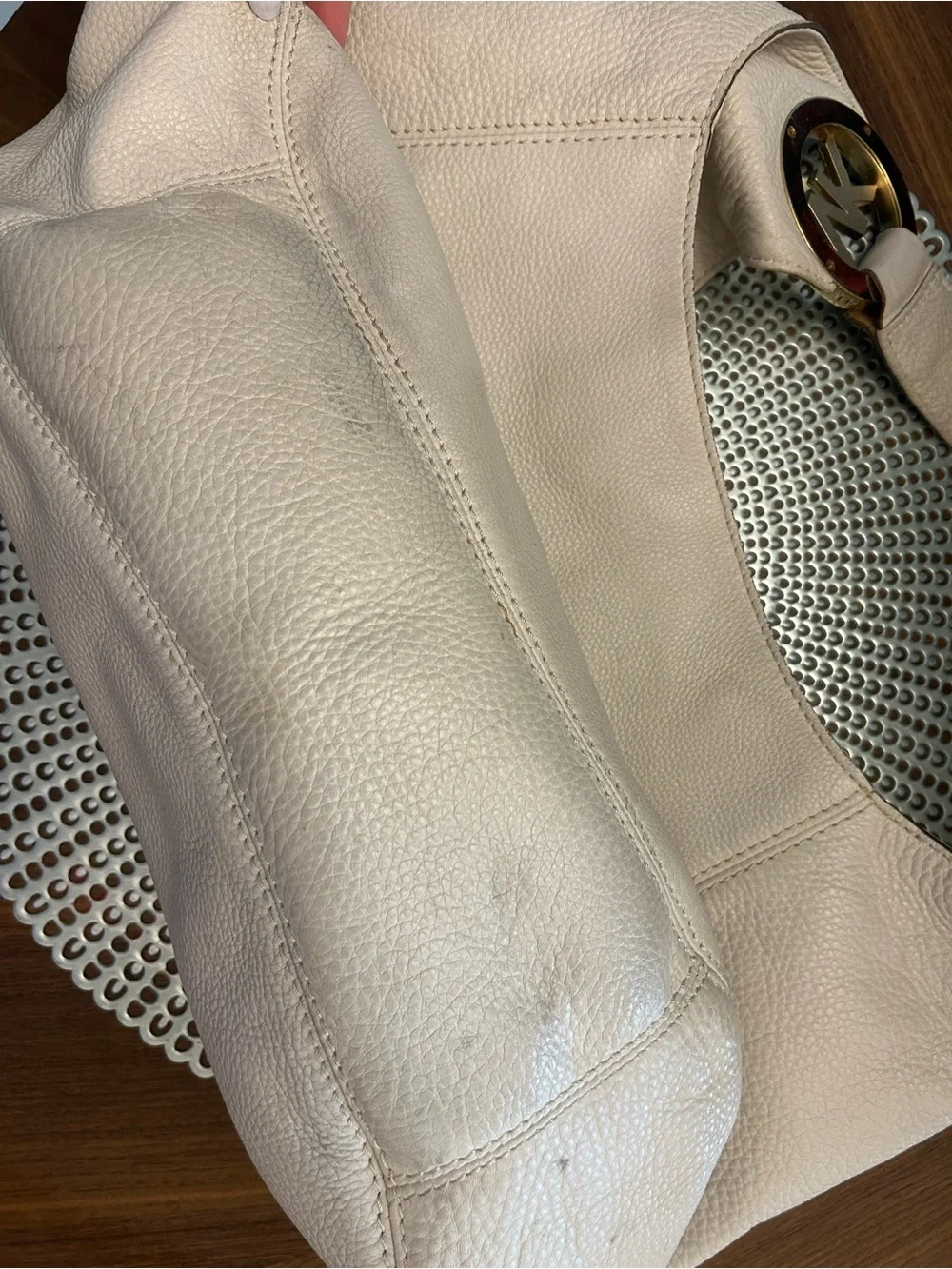 Michael Kors Beige Leather Shoulder Hobo Bag with Gold MK Logo